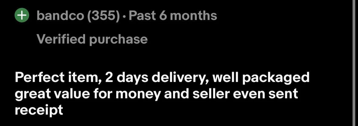Screenshot of a product review for bandco, praising the item for being perfect, arriving in 2 days, well packaged, good value for money, and including a receipt.