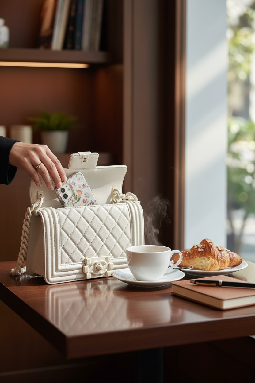 A white quilted handbag with a chain strap on a wooden table, with a woman's hand placing a phone in it. Next to the bag are a steaming cup of coffee on a saucer, a croissant on a plate, a closed notebook, and a pen. In the background, there is a bookshelf and a window with sunlight coming through.