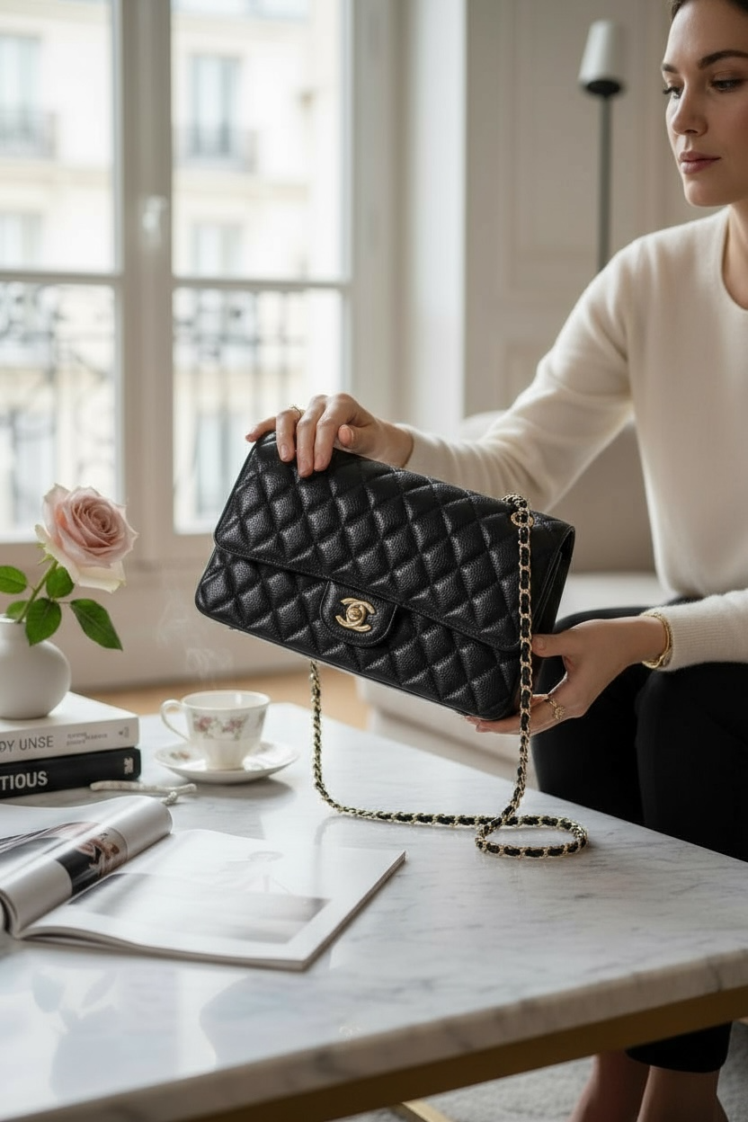 A woman holding a black quilted Chanel handbag with a gold chain strap on a white marble table.