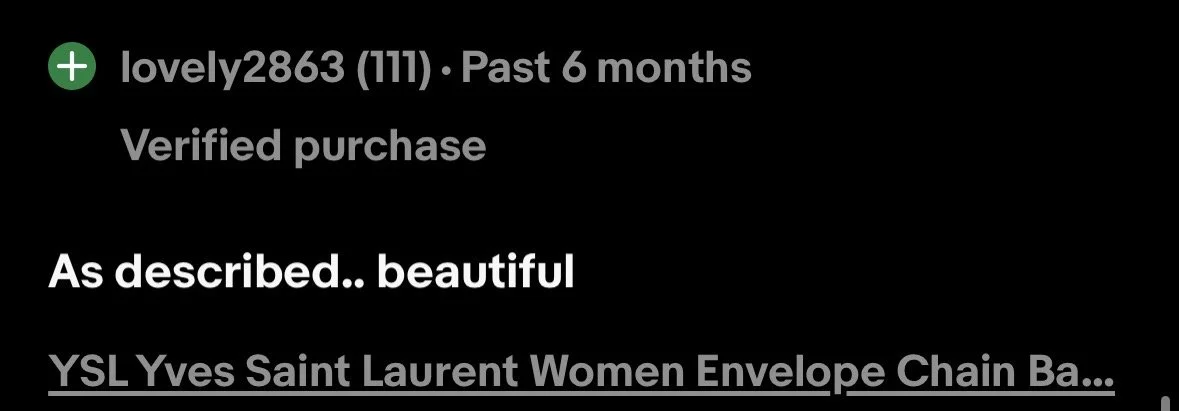 Screenshot of a verified purchase review for an Yves Saint Laurent women's envelope chain bag, describing it as beautiful.