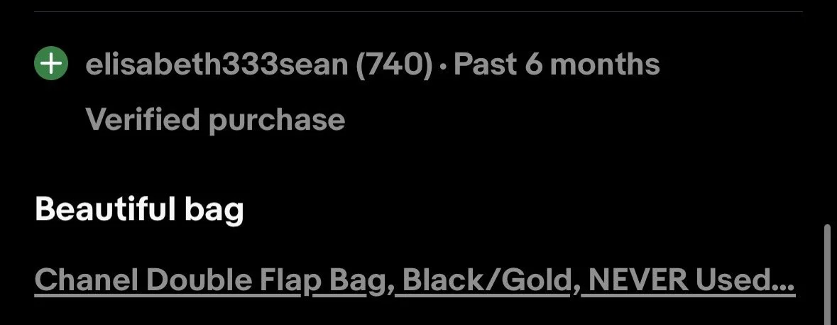 Screenshot of a verified purchase on an online shopping site, featuring a black and gold Chanel double flap bag that is new and never used.