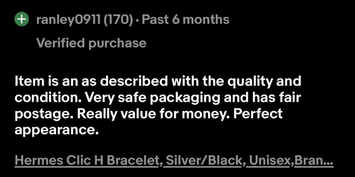 Screenshot of an online purchase review for a Hermes Clic H bracelet, mentioning it is silver and black, unisex, and of good quality with safe packaging.
