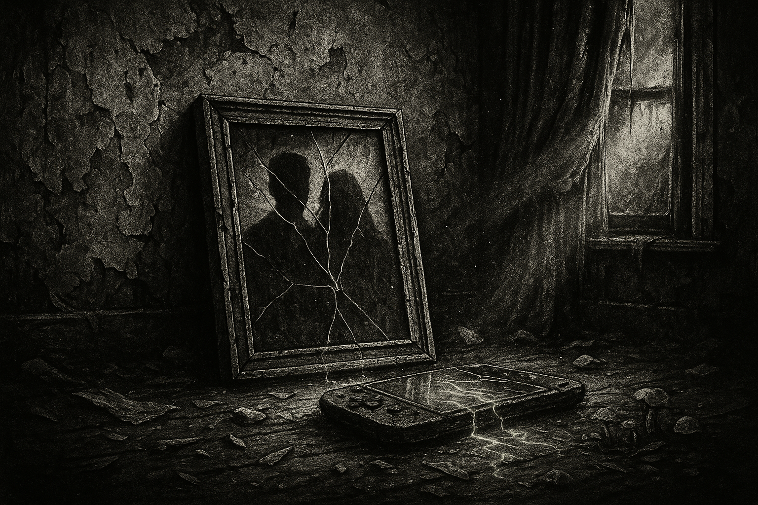 Trash Relics black-and-white ink illustration of a cracked framed photograph and abandoned device in a ruined room, symbolizing memory loss and post-human decay