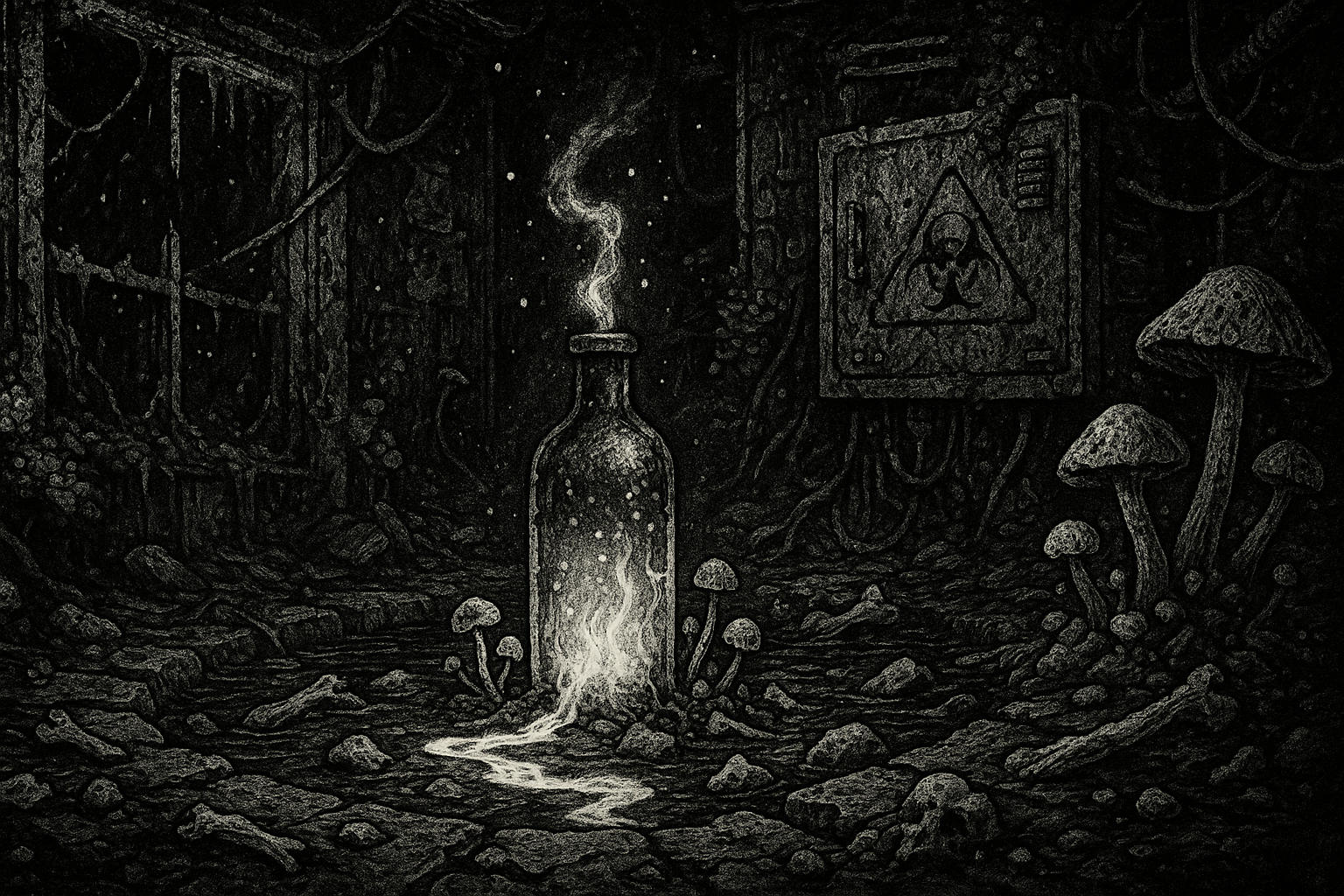 Post-apocalyptic bottle relic artwork showing an abandoned artifact reclaimed by nature, part of the Trash Relics environmental NFT archive.