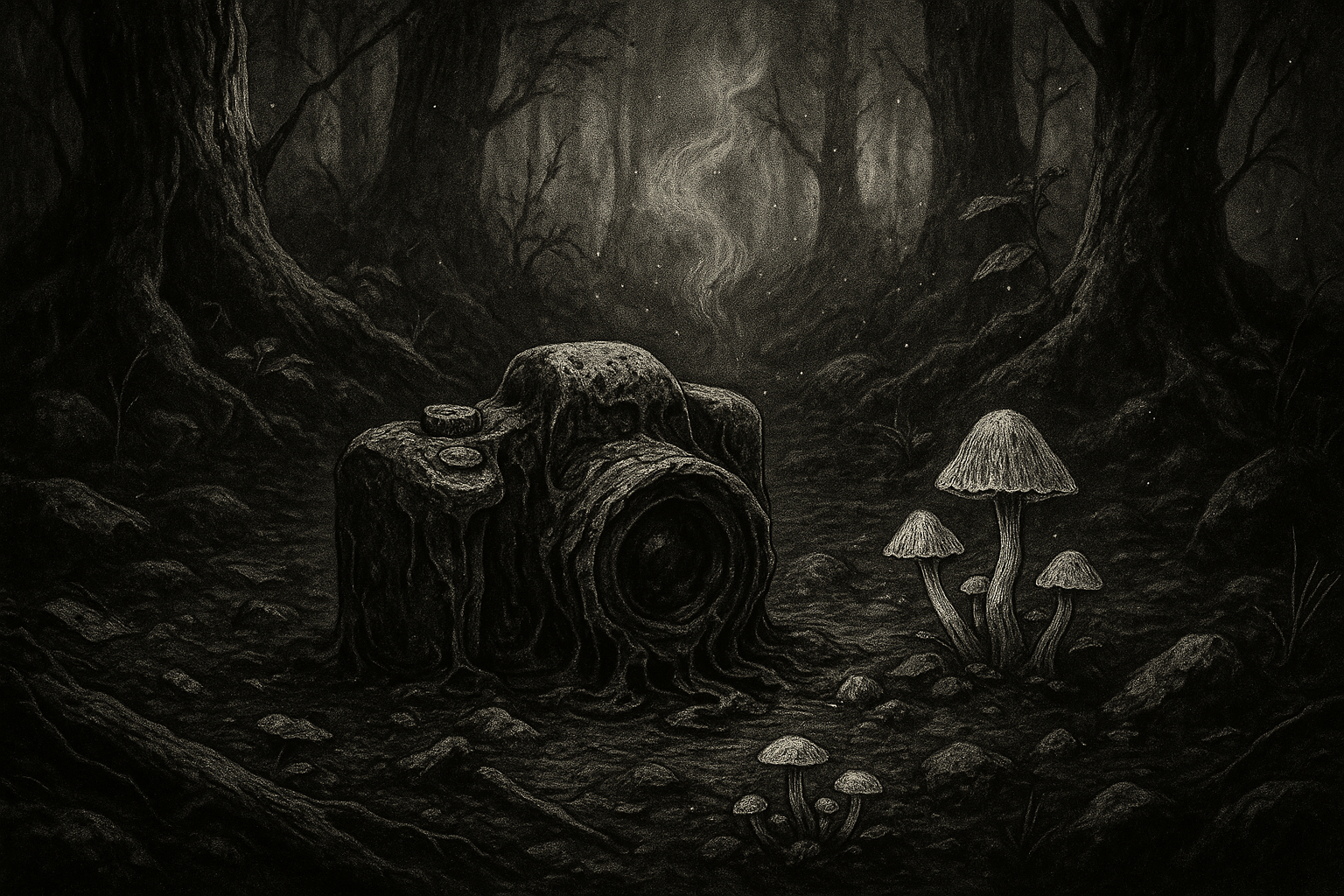 Trash Relics black-and-white ink illustration of an abandoned camera overtaken by decay in a forest, symbolizing forgotten technology and post-human ecology