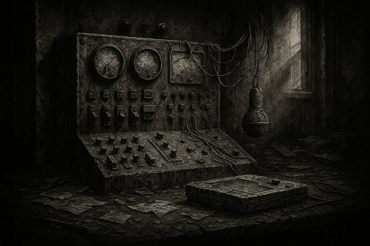 Trash Relics black-and-white ink illustration of a ruined industrial control panel in an abandoned facility, symbolizing obsolete technology and post-human decay