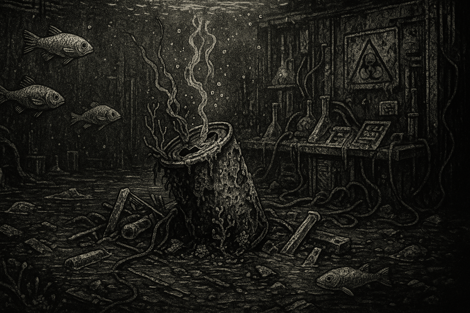 Post-apocalyptic digital relic artwork showing an abandoned container in a ruined industrial environment, part of the Trash Relics environmental NFT archive.