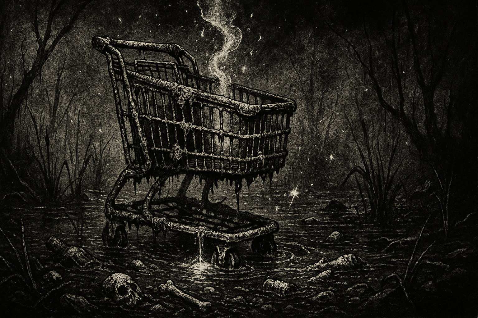 Trash Relics black-and-white ink illustration of an abandoned shopping cart decaying in a forest swamp, symbolizing consumer waste and post-human ecology