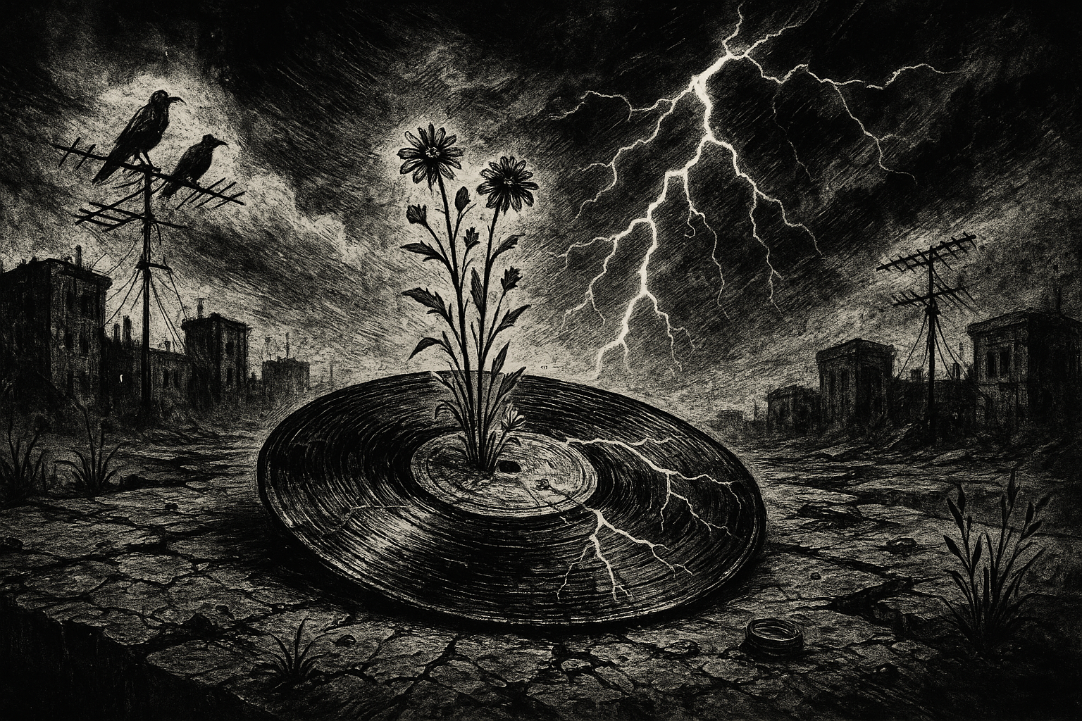 Post-apocalyptic vinyl record relic reclaimed by nature in a ruined city, artwork from the Trash Relics environmental NFT archive.