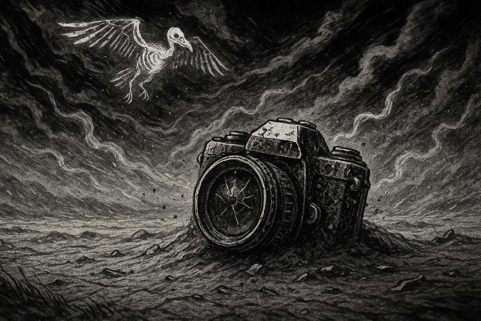 Post-apocalyptic abandoned camera relic artwork from the Trash Relics environmental NFT archive documenting human artifacts after ecological collapse.