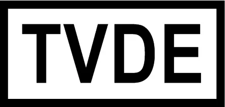Logotipo com fundo preto e letras brancas que diz 'TVDE'