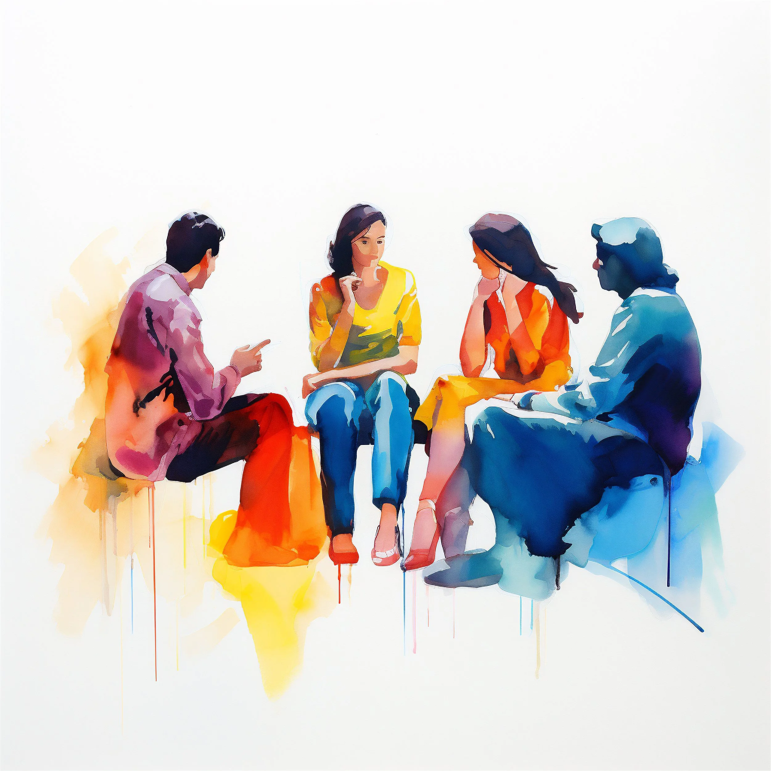 Watercolor illustration of four people sitting in a circle, engaging in conversation, with bright colors and minimal background.
