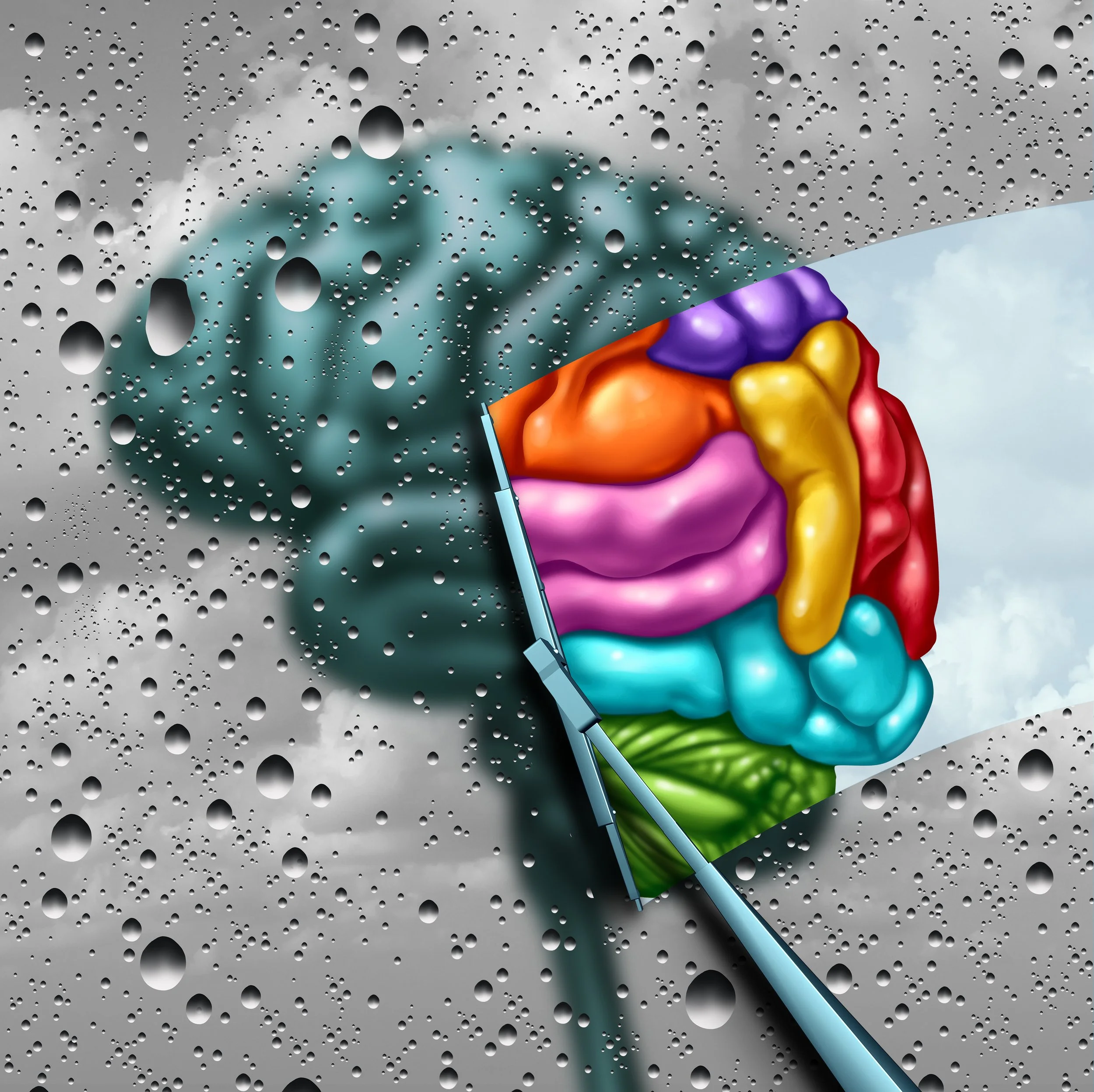 An illustration of a human brain in vibrant colors seen through a rain-covered window with raindrops in the foreground.