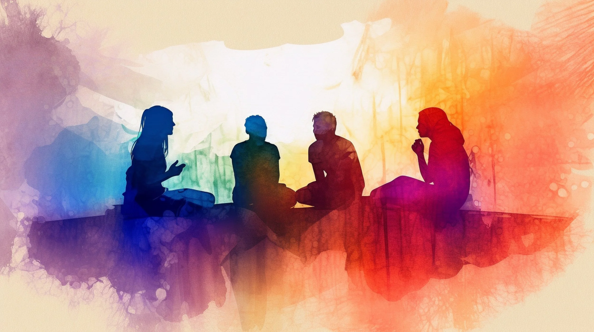 Silhouettes of four people sitting on a ledge, engaged in conversation, with colorful abstract background.