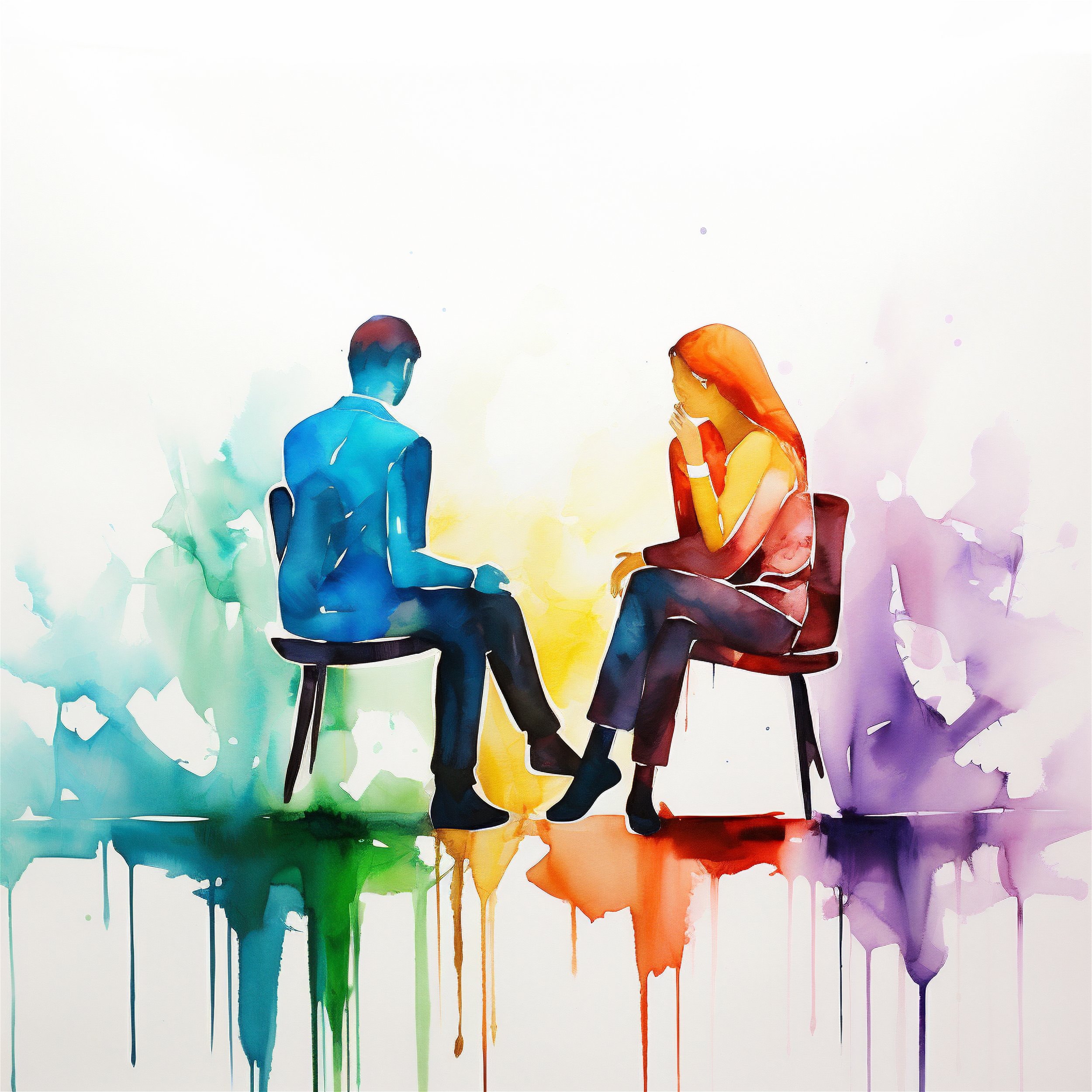 Watercolor painting of a man and woman sitting on chairs facing each other, with colorful splashes of paint in green, yellow, orange, purple, and blue in the background.