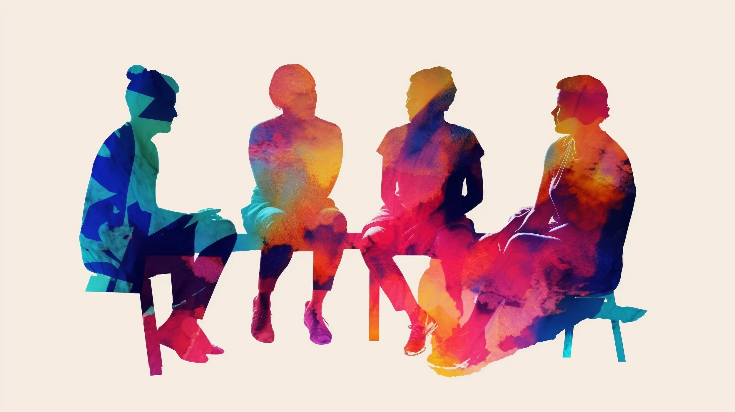 Silhouettes of four women sitting on chairs, overlaid with colorful watercolor textures, set against a plain off-white background.