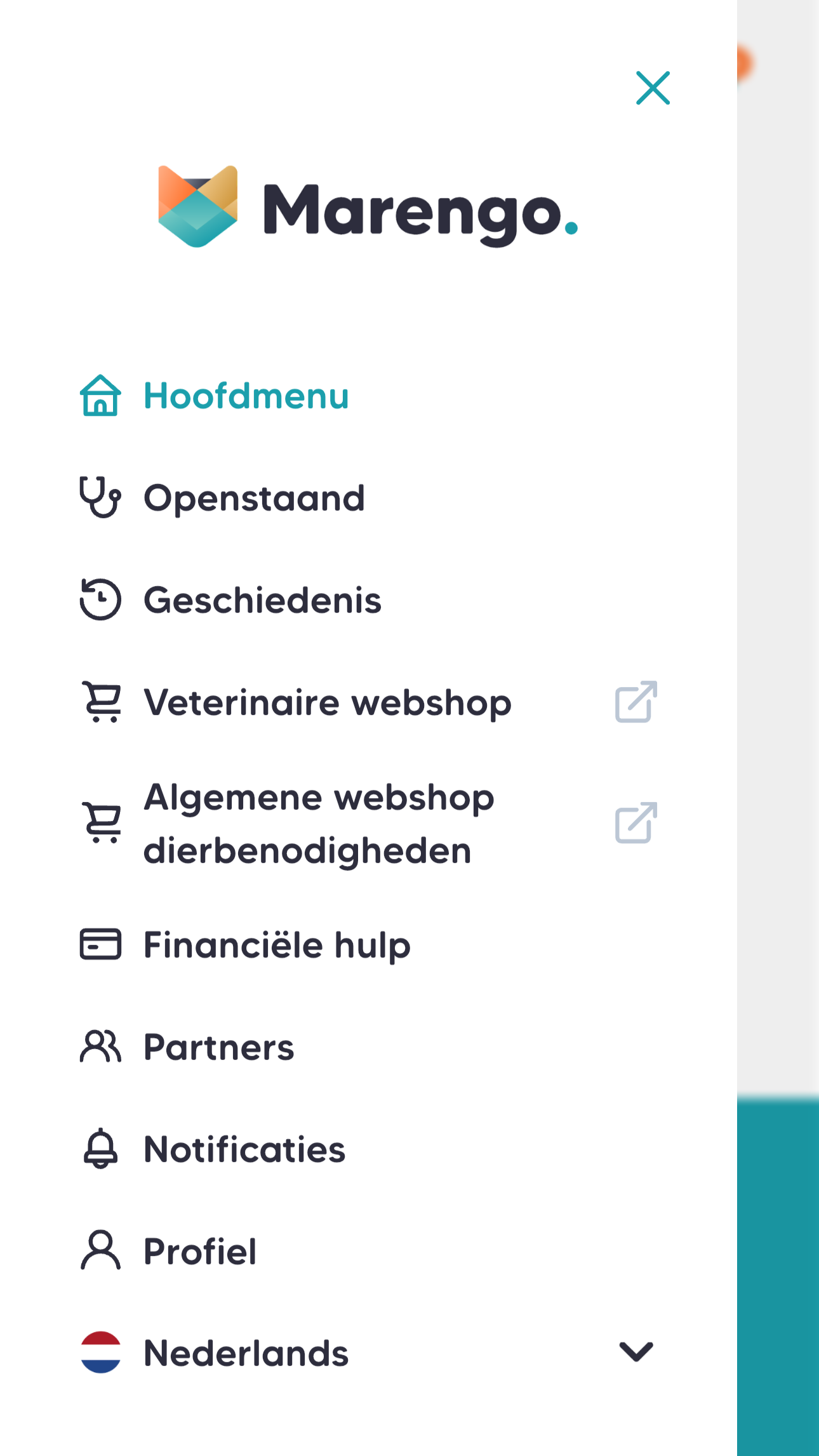 Een scherm van een app-menu met opties zoals Hoofdmenu, Openstaand, Geschiedenis, Veterinaire webwinkel, Algemene webwinkel dierenbenodigdheden, Financiële hulp, Partners, Notificaties, Profiel en Nederlands.