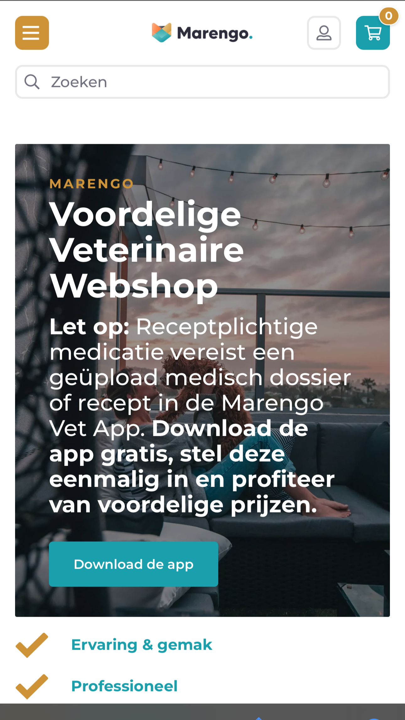 Screenshot van de Marengo website met informatie over een voordelige dierenartsen-webwinkel, inclusief downloadknop voor de app en tekst over recepten en medicatie.