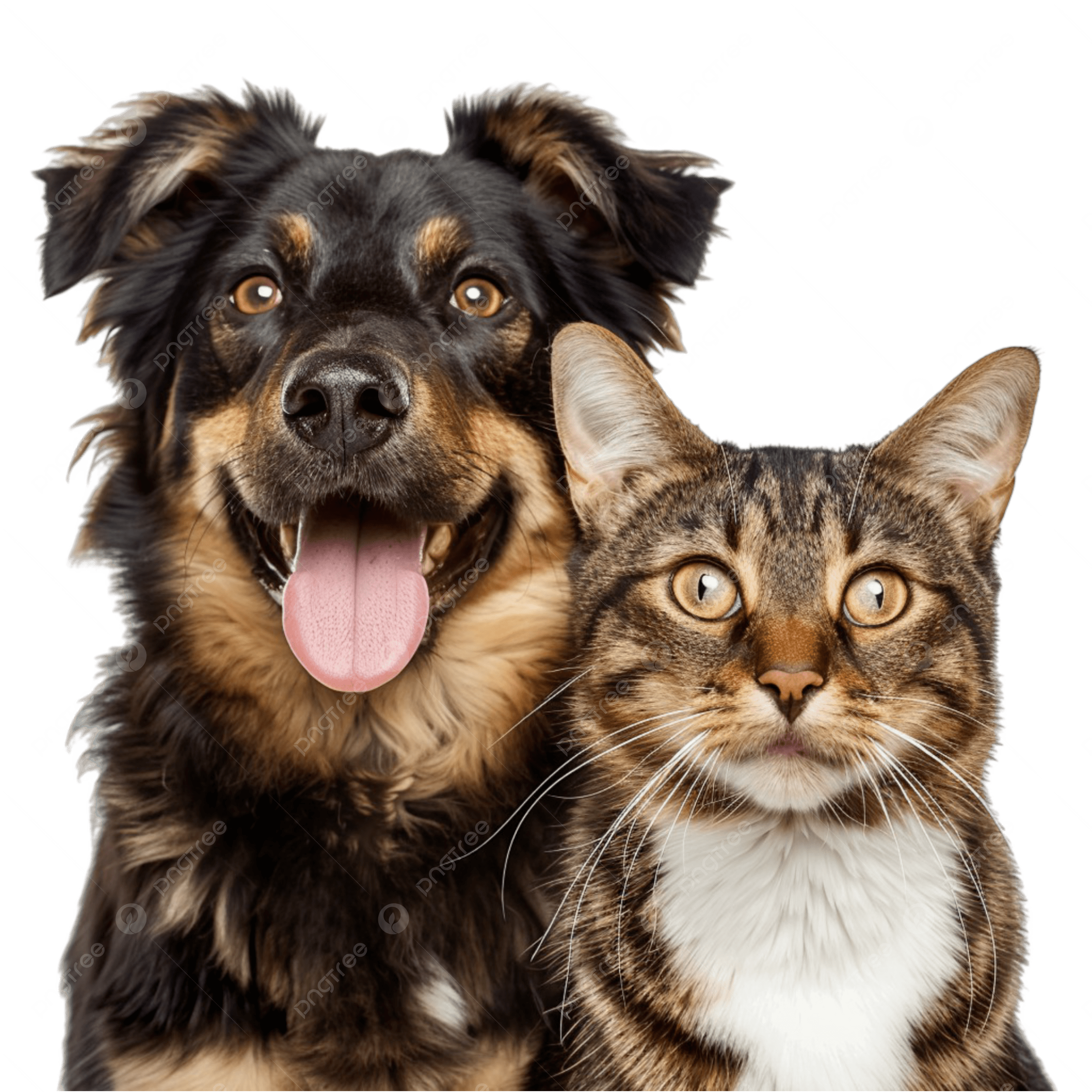 Een hond met een open bek en een kat die naast elkaar zitten.