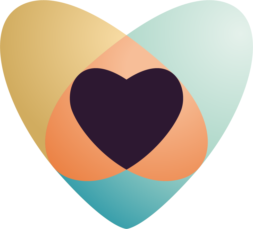 Abstracte kunst met een grote zwarte hartvorm in het midden, omgeven door pastelkleuren en geometrische vormen.