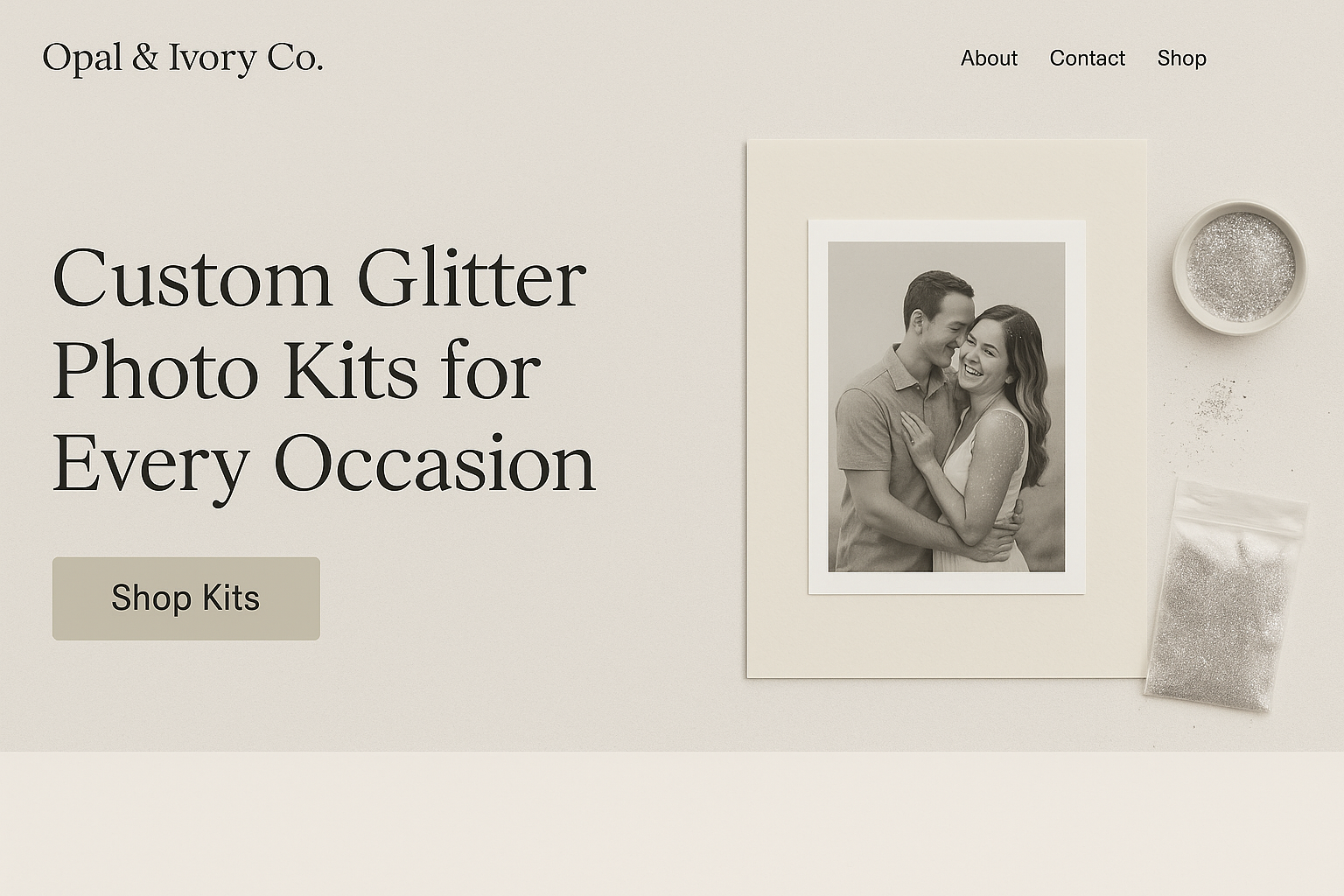Website homepage for Opal & Ivory Co., offering custom glitter photo kits for various occasions. Features a black-and-white photo of a smiling couple embracing, with containers of glitter and a printed photo beside them.
