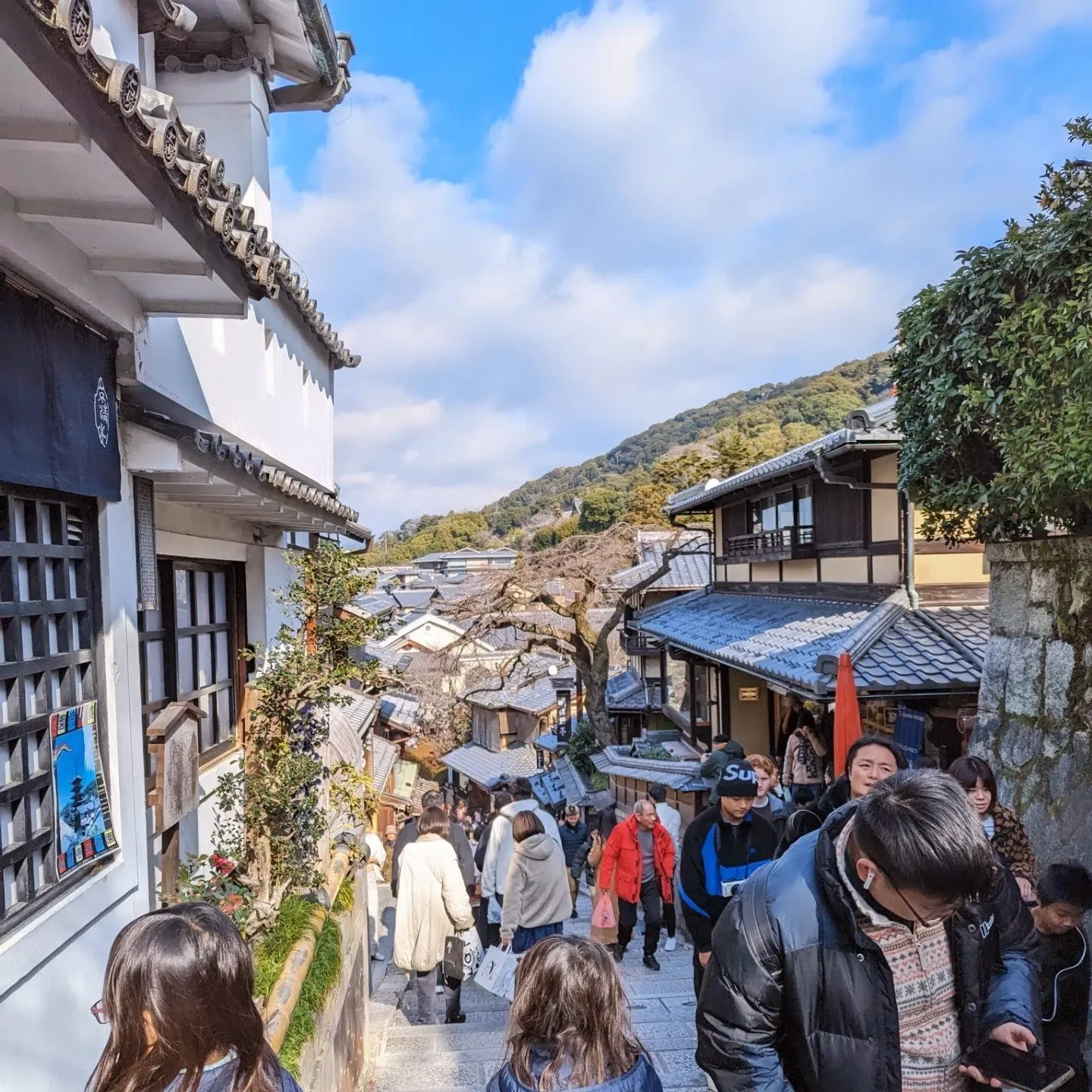 Crowded street in a traditional Japanese town with people ascending stone stairs, wooden buildings with tiled roofs, trees, and a mountain in the background under a partly cloudy sky.