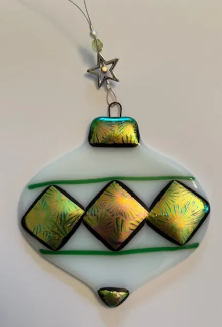 White Ornament with Gold and Green Dichroic Glass