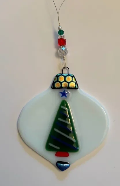 White Ornament with Christmas Tree and iridescent Glass