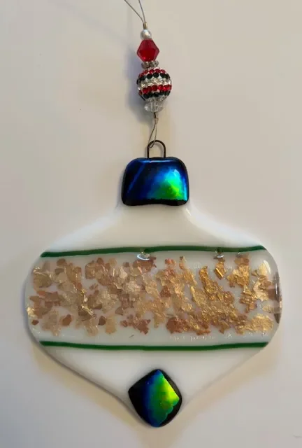 White Ornament with Gold Flake and Blue Dichroic Glass