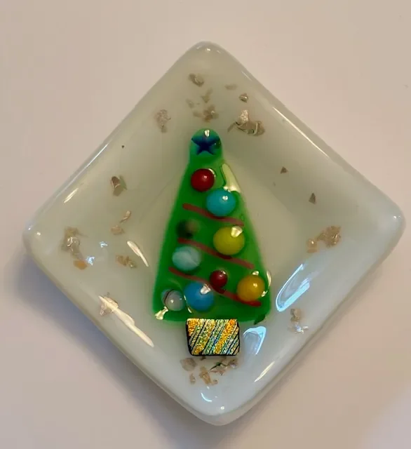 Christmas Tree Ring Bowl with Multi Gold Flake and Colored Ornaments