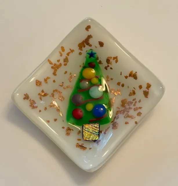 Christmas Tree Ring Bowl with Gold Flake and Colored Ornaments