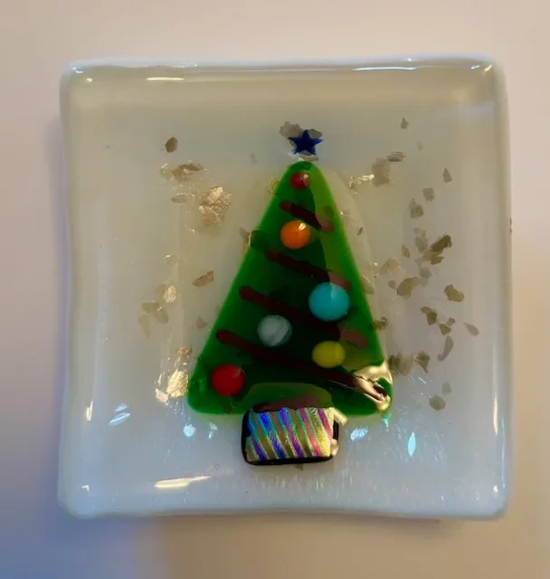 Christmas Tree Ring Bowl with Silver Flake and Colored Ornaments