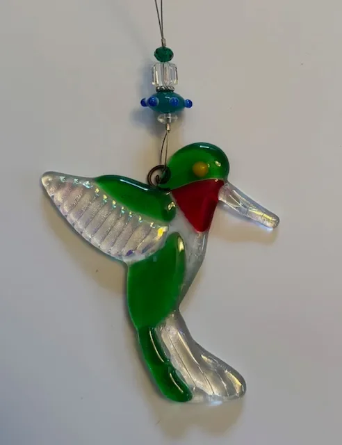 Green Hummingbird Ornament with Iridescent Glass