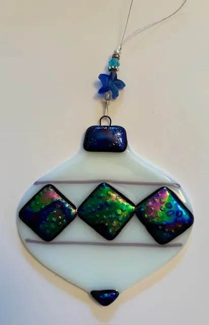 White Ornament with Blue iridized Design Glass