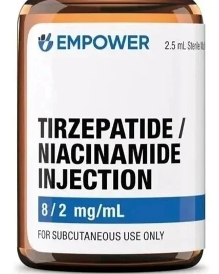 A medicine bottle labeled EMPOWER containing Tirzepatide and Niacinamide Injection, 8/2 mg/mL, meant for subcutaneous use.