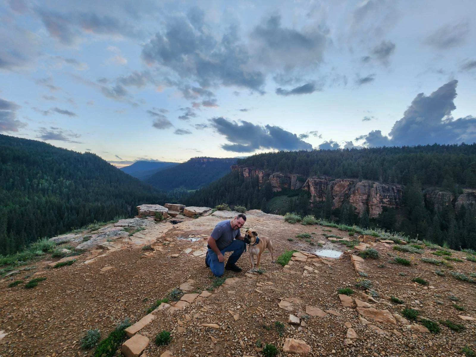 A man kneeling on rocky ground with a dog, overlooking a lush green canyon with cliffs and mountains under a partly cloudy sky at dusk.