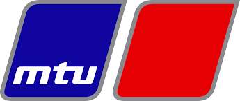 Logo with blue and red rectangles and the letters 'mtu' in lowercase