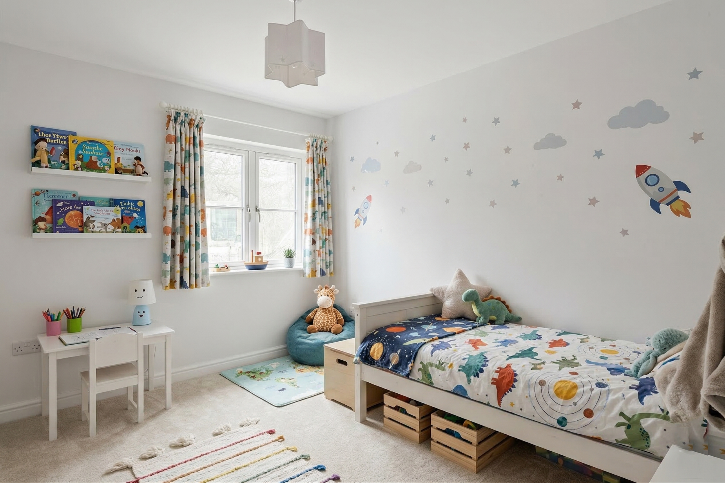 Child's bedroom with space-themed decor, white furniture, colorful curtains, plush toys, wall stickers of rockets and stars, books on wall shelves, and a white carpet with a rainbow rug.