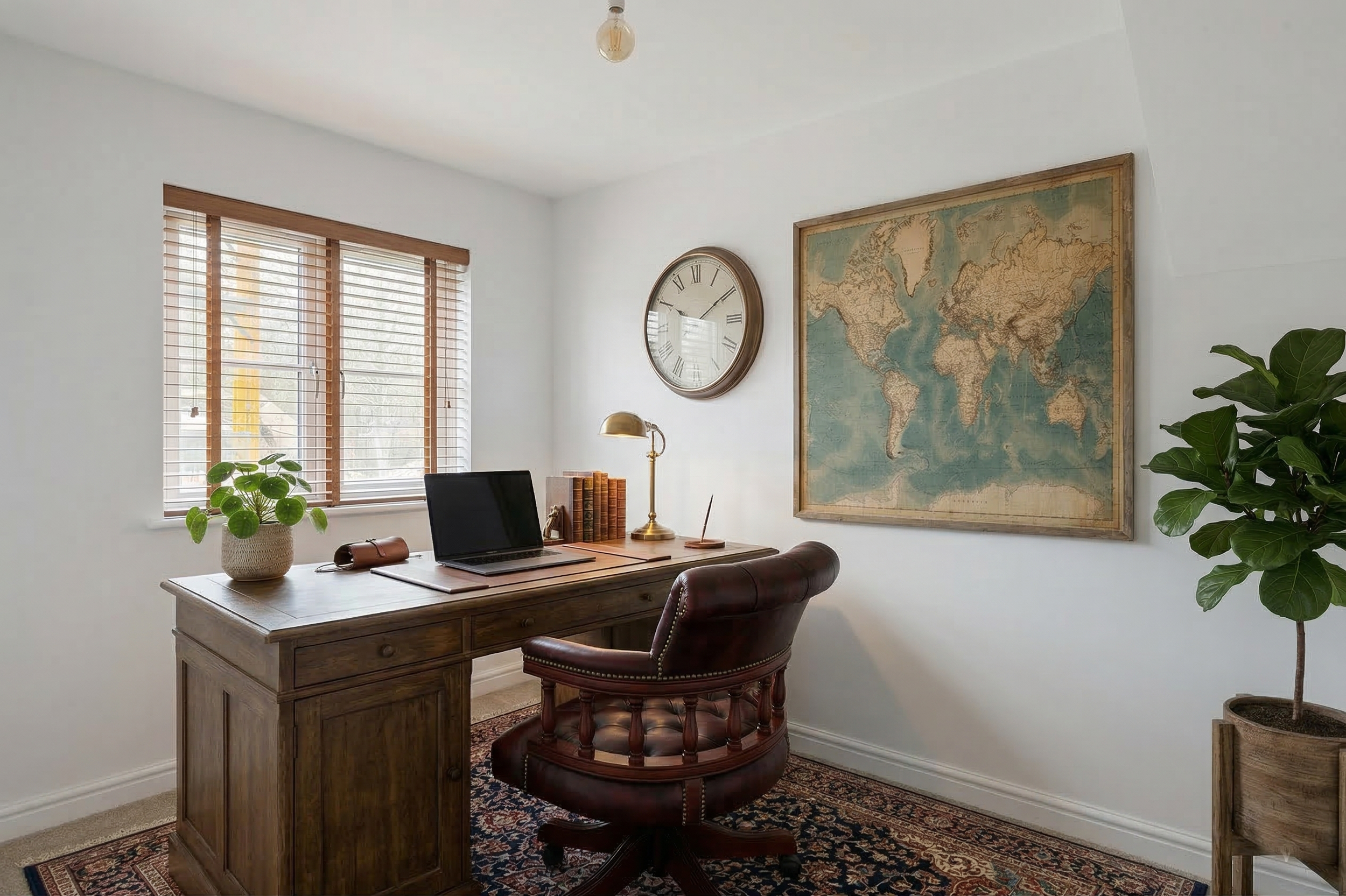 Home office with a wooden desk, a leather chair, a laptop, a potted plant, a gold desk lamp, a vintage clock, a world map wall art, and window blinds.