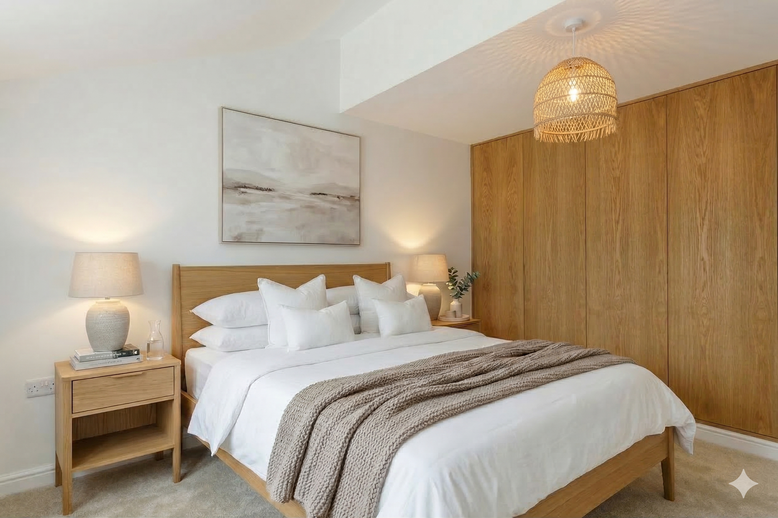 A neatly made bed with white bedding and multiple pillows in a modern bedroom. There are two bedside tables with lamps, a painting above the bed, and wooden cabinetry on the wall to the right. A beige blanket is draped across the foot of the bed.