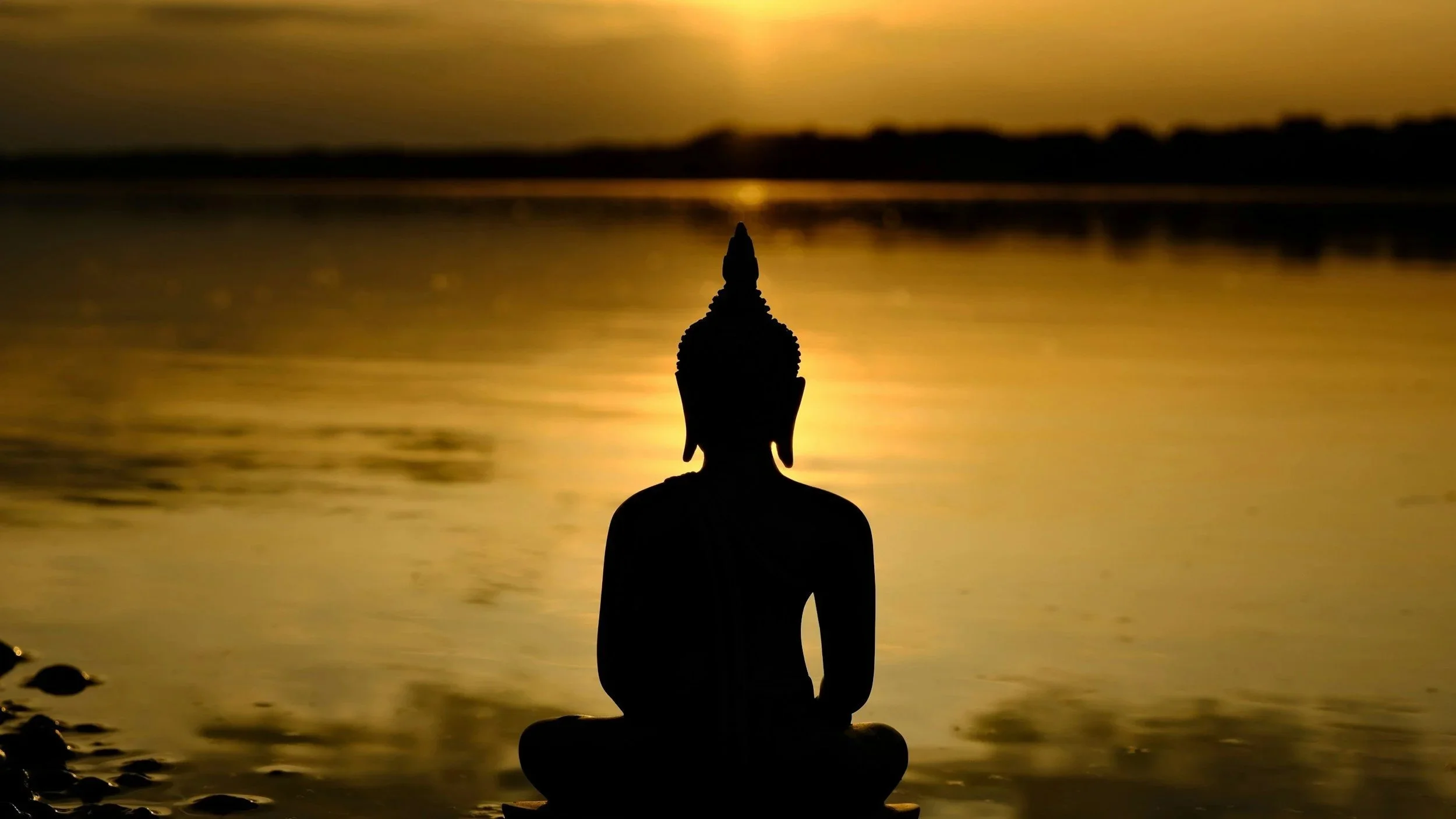 Silhouette of a meditating Buddha statue with water and sunset in the background.