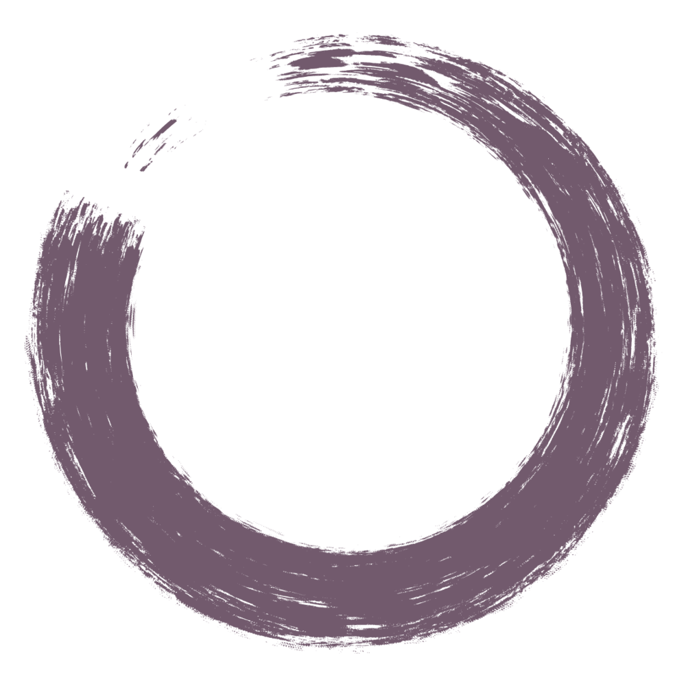 A black circle with purple brushstroke border, resembling an Enso symbol.