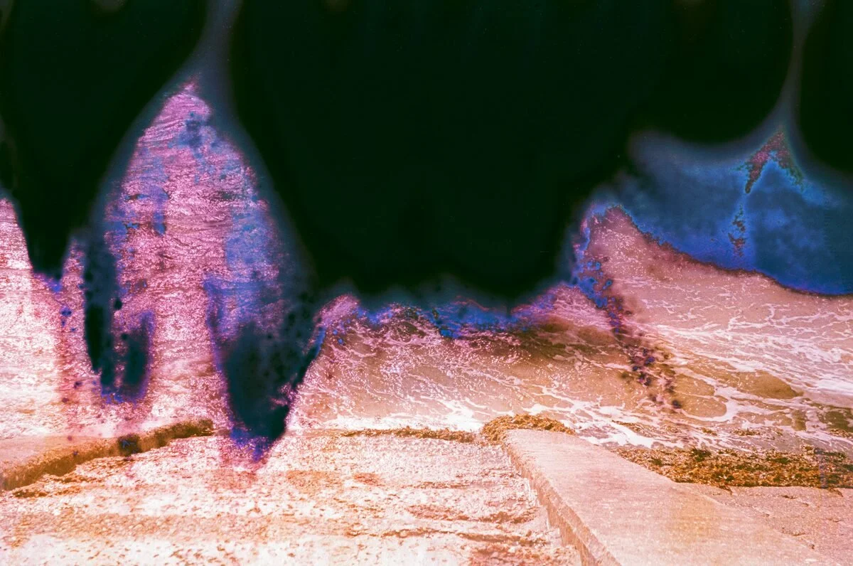 Enhanced image featuring dark green leaf, shoreline, and ocean waves with a surreal color filter.