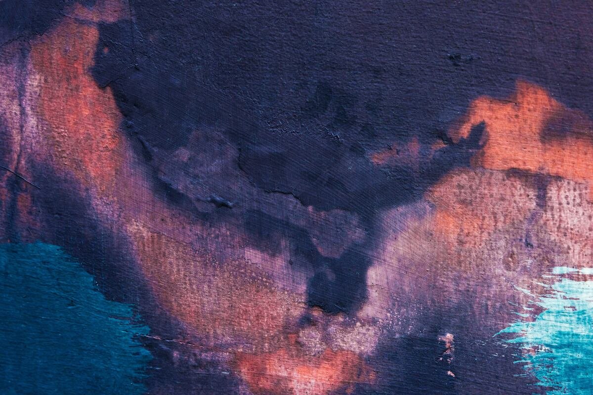 Abstract painting with dark purple, pink, orange, and turquoise colors.