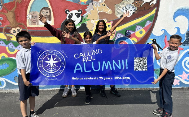 Five children holding a blue banner with the text 'Calling All Alumni! Help us celebrate 75 years, 1951-2026' in front of a colorful mural, with some children waving and smiling.