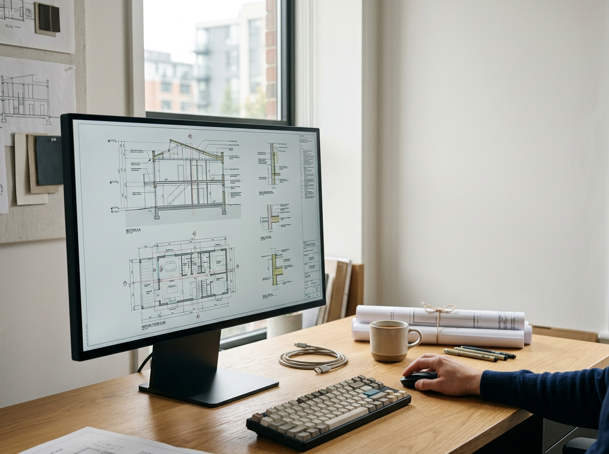 A person working on architectural plans displayed on a computer monitor in a bright office.