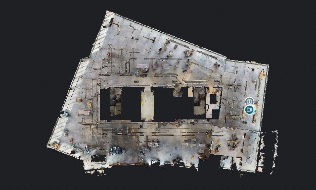 A 3D aerial view of a large building rooftop with various HVAC units and equipment.