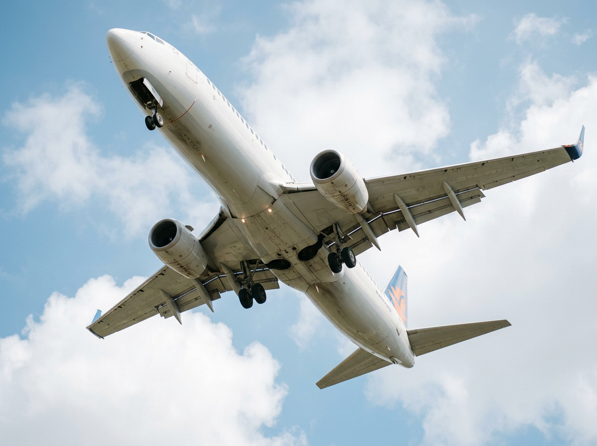 A white commercial airplane flying high in the sky with clouds in the background.
