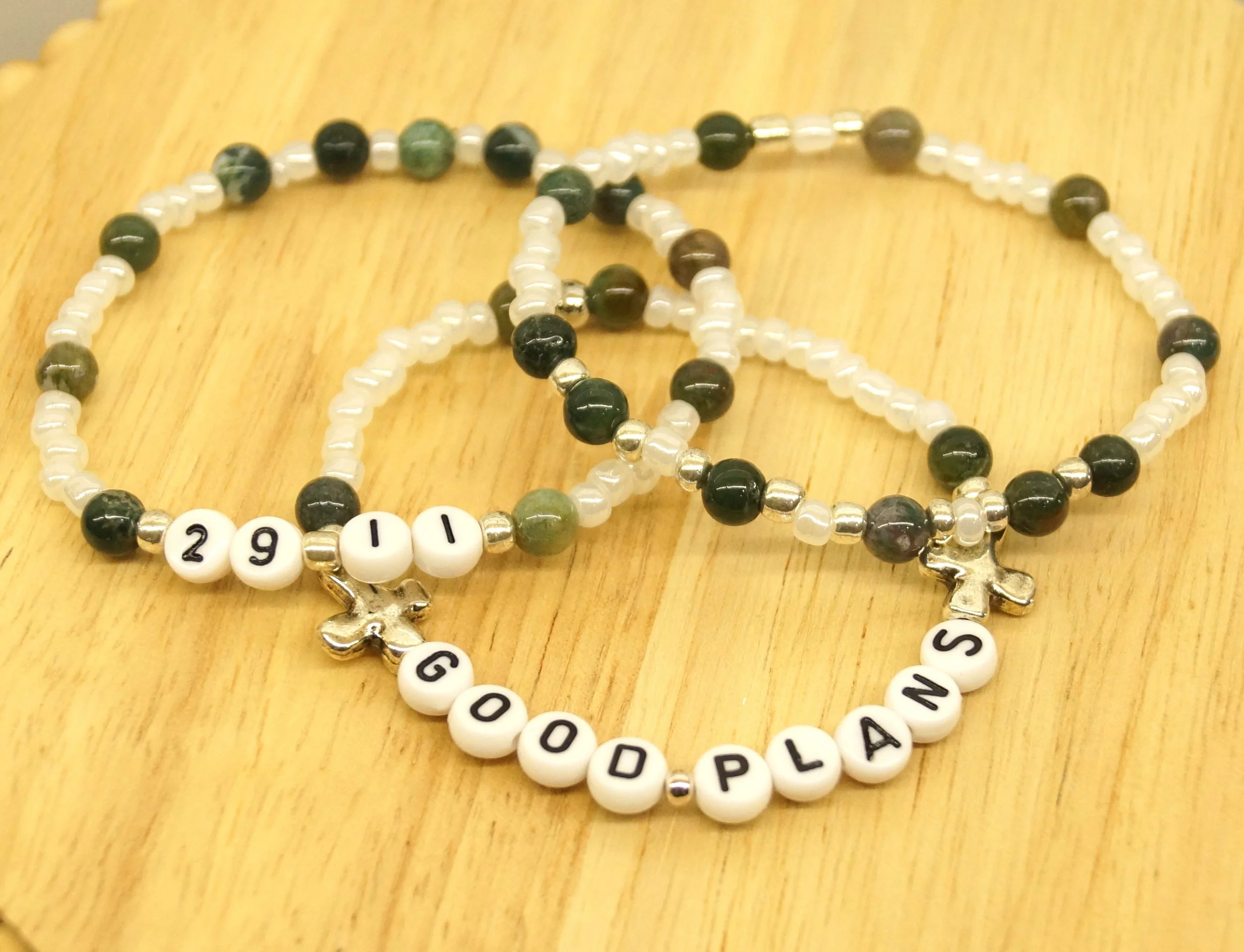 "Good Plans" Jeremiah 29:11, Green & White Bracelet Stack BESTSELLER!