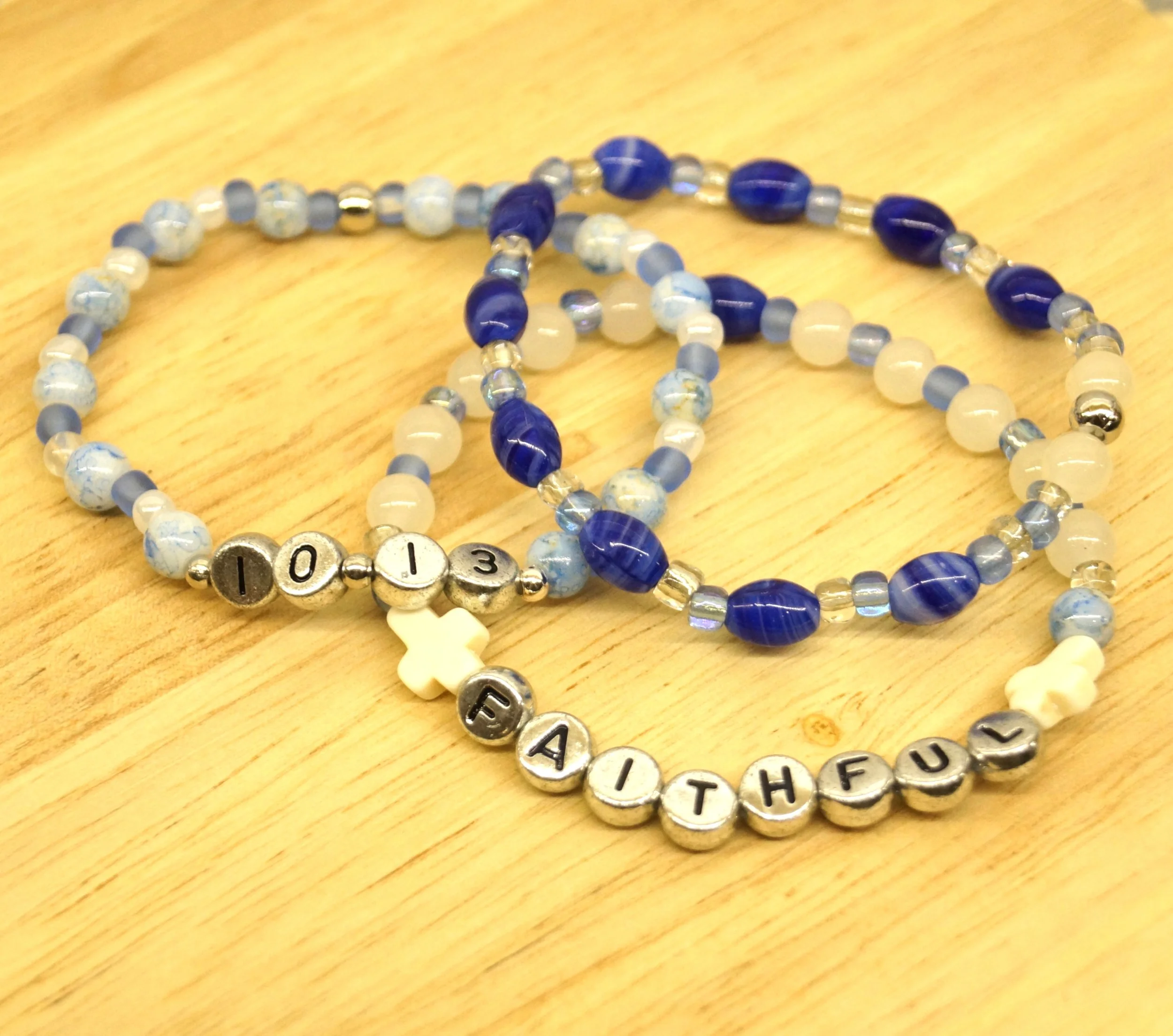 "Faithful" 1 Corinthians 10:13 Bracelet Stack, Blue, Clear & White Glass Beads